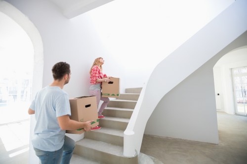 Packed office furniture and equipment prepared for transport